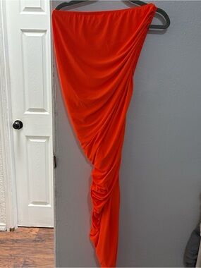 Norma Kamali Diana Orange Ruched One-Shoulder Dress Size M